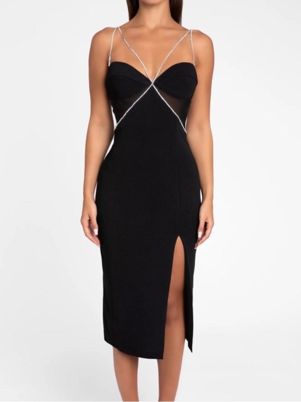 Heiress Beverly Hills Black Diamanté Strap Cutout Slit Midi Dress S NWT